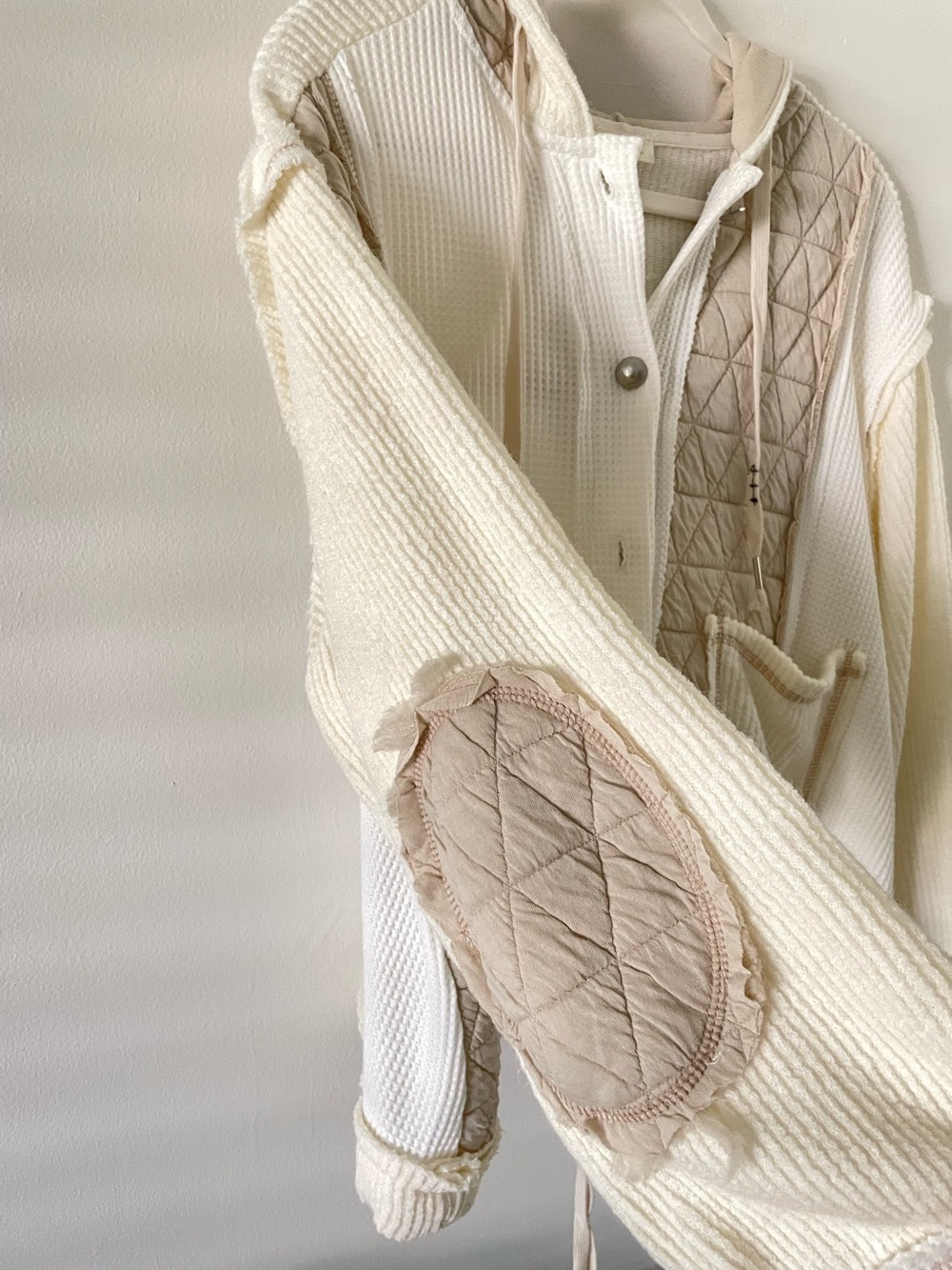 POL Quilted Waffle Knit Hooded Jacket Sz L Cream Tan Boxy Slouchy Granola Boho - Picture 5 of 9
